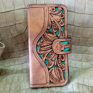 Mexican Artisan Women Leather Wallet Turquoise Brown